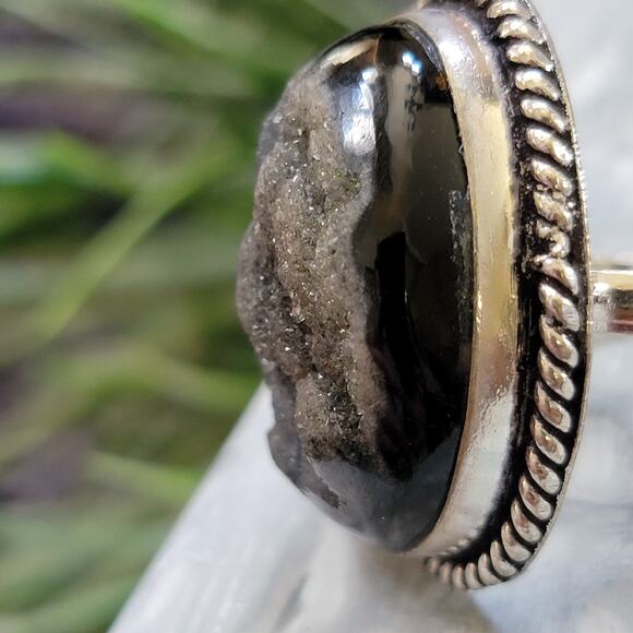 Black Druzy Quartz Statement rings, Sterling Silver Ring, Size 8 - Picture 4 of 10
